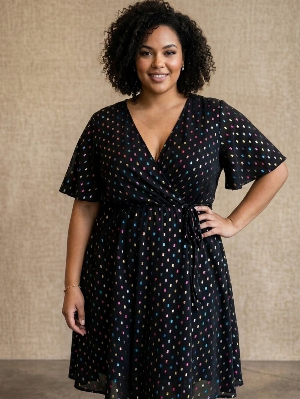 Shein Plus Size 5XL Metallic Rainbow Foil Dot V-Neck Wrap Dress